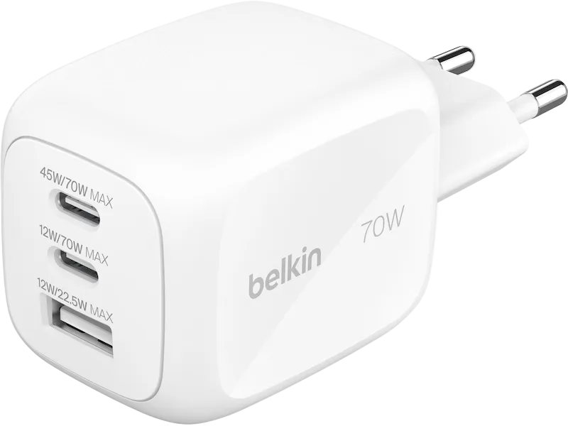 Belkin 70W 3-Ports GaN Vegglader - Hvit