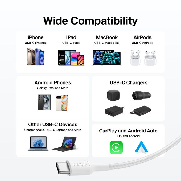 Belkin USB-C til USB-C 240W Flettet PCR Ladekabel 1m - Hvit