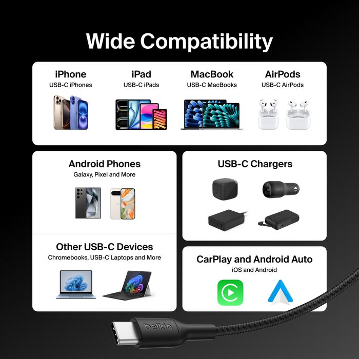 Belkin USB-C til USB-C 240W Flettet PCR Ladekabel 1m - Svart