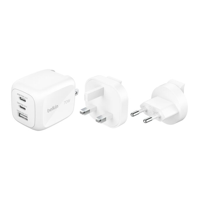 Belkin 70W 3-Ports GaN Vegglader - Hvit