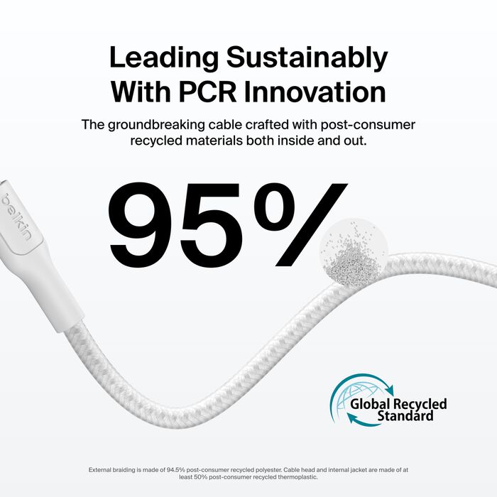 Belkin USB-C til USB-C 240W Flettet PCR Ladekabel 3m - Hvit