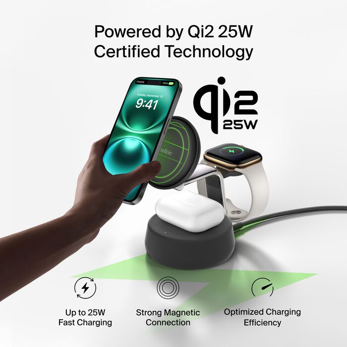 Belkin UltraCharge Pro 3-i-1 Qi2 Ladestativ - Kullsvart