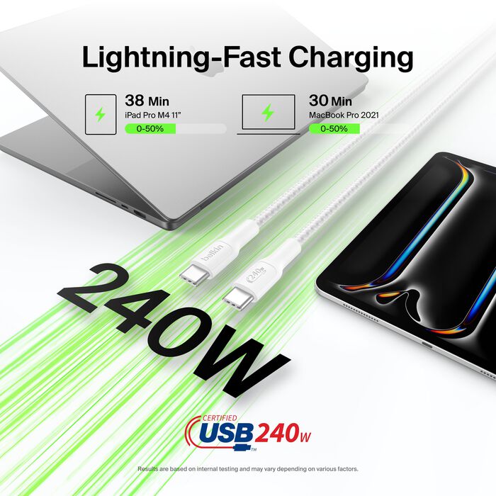 Belkin USB-C til USB-C 240W Flettet PCR Ladekabel 1m - Hvit