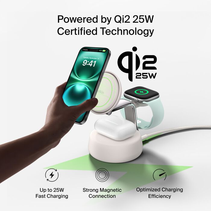 Belkin UltraCharge Pro 3-i-1 Qi2 Ladestativ - Sand