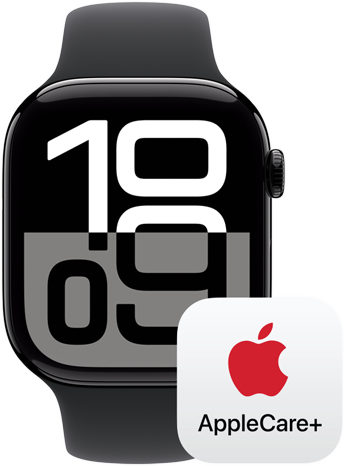 Logoen for AppleCare+ vises ved siden av en Apple Watch Series 10.