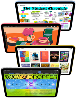 iPader sett forfra med flere forskjellige Apple- og App Store-apper på skjermen.