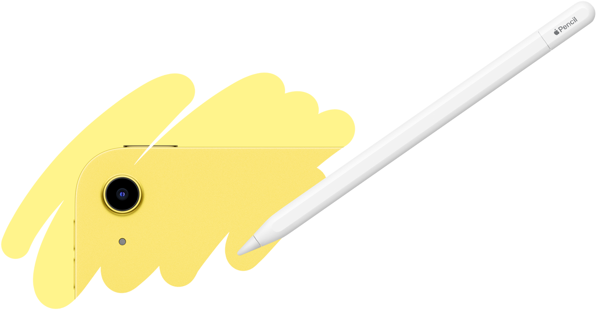 Fargelagt Apple Pencil-strøk viser baksiden på en iPad og kameraet på baksiden.