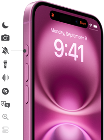 Bare trykk og hold inne handlingsknappen på iPhone 16 for å starte handlingen du ønsker, Fokus-funksjon, Kamera-app, Lydløsmodus, lommelykt, Taleopptak, Shazam og mer