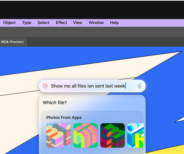 Skjermbilde med et uttrykk i et søkefelt, som viser Apple Intelligence Siri-funksjon