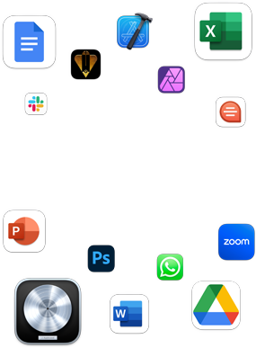 Fargerike matriser av appsymboler som viser bredden av apper som kjører på macOS