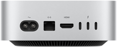 Mac mini i sølv vist fra baksiden, med portene på baksiden: én HDMI-port, én Ethernet-port, tre Thunderbolt-porter og en strømport