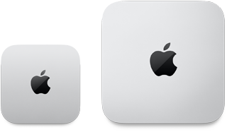 Mac mini i sølv fra 2024 vist fra oversiden, med Apple-logo, ved siden av Mac mini i sølv fra 2023, med Apple-logo, for å vise forskjellen i størrelse