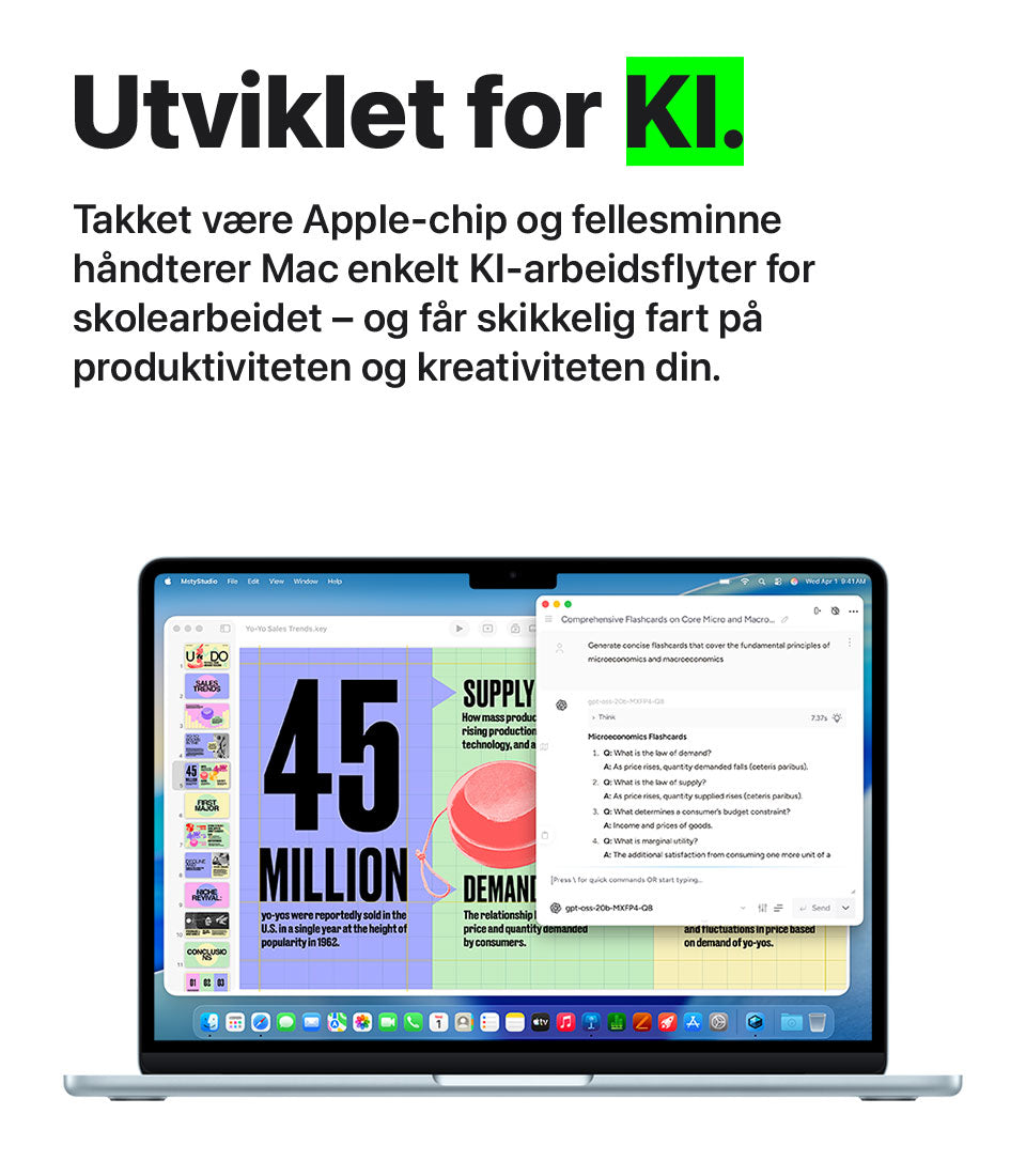 Utviklet for KI.Utviklet for KI – Apple-chip og fellesminne håndterer KI-arbeidsflyter og gir fart på produktiviteten og kreativiteten.