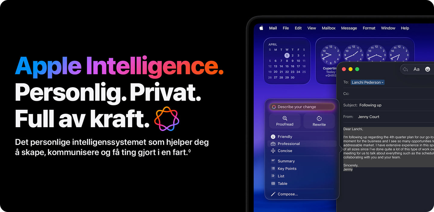 Apple Intelligence.Apple Intelligence – personlig, privat og full av kraft. Intelligenssystemet som hjelper deg å skape, kommunisere og få ting gjort.
