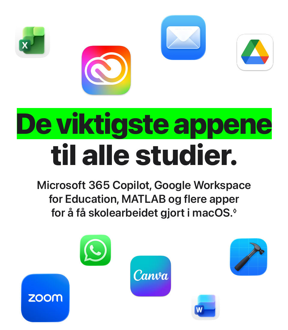 De viktigste appene.De viktigste appene til alle studier – Microsoft 365 Copilot, Google Workspace for Education, MATLAB og flere apper for macOS.