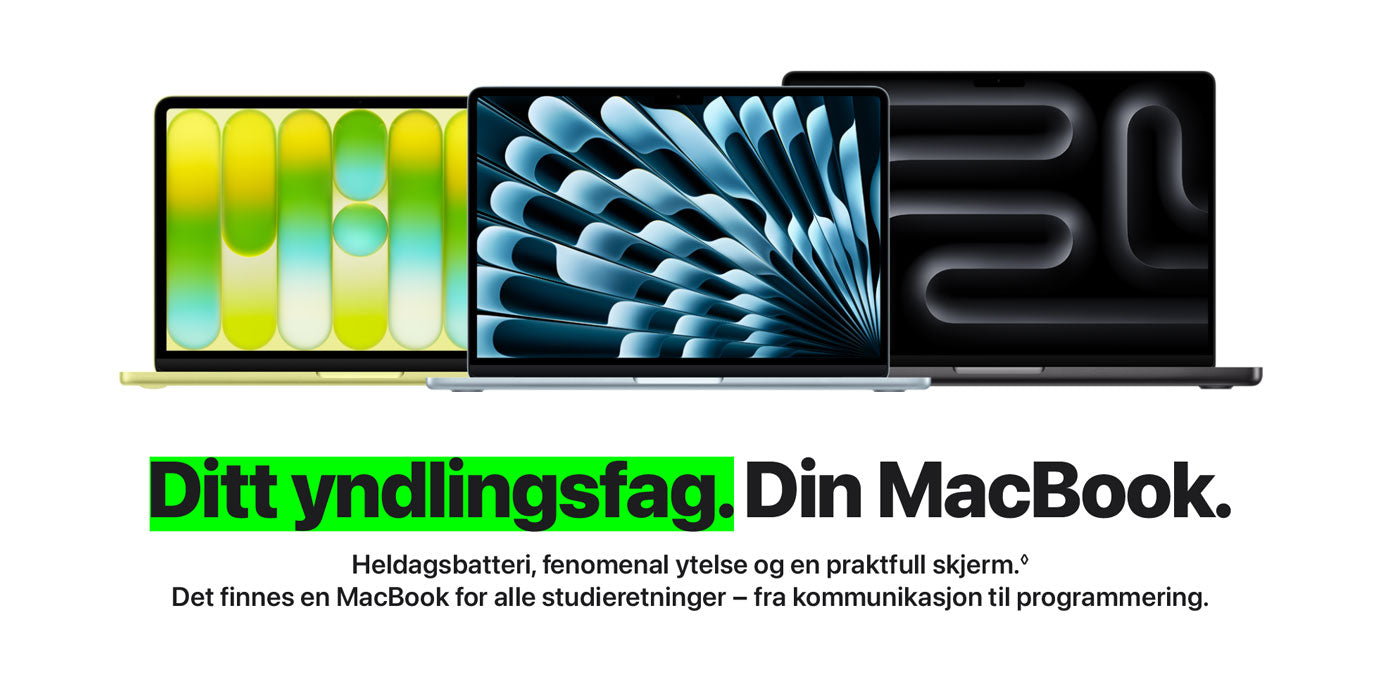 itt yndlingsfag. Din MacBook.Ditt yndlingsfag, din MacBook – heldagsbatteri, fenomenal ytelse og praktfull skjerm. En MacBook for alle studieretninger.